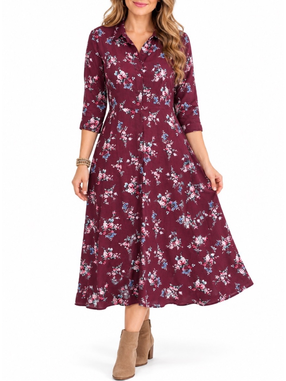 Time and Tru Burgundy Floral Button-Front Shirt Dress, size medium